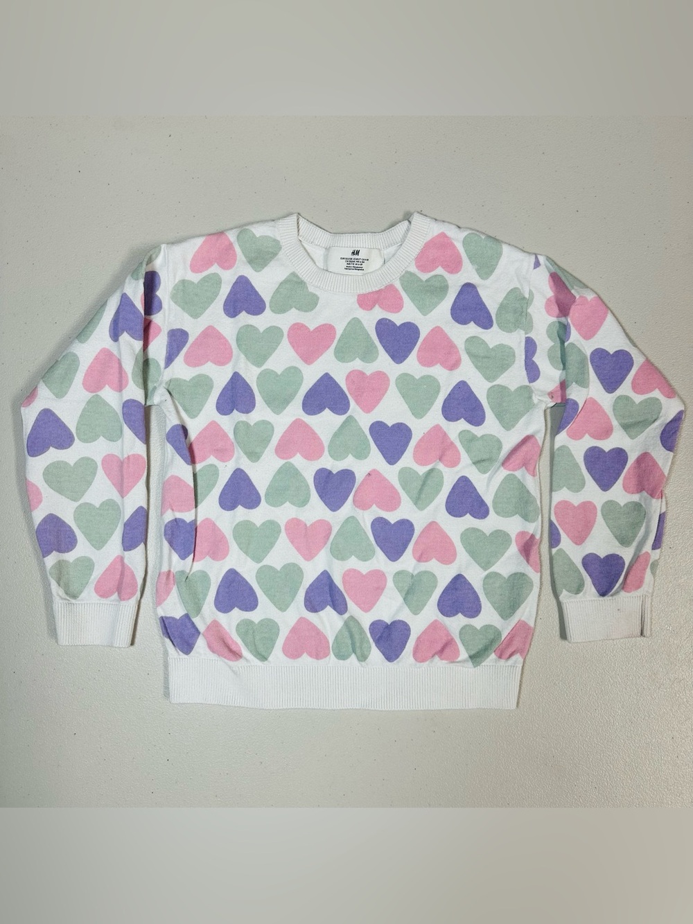 H&M White Sweatshirt with Pink, Lavender & Mint Heart Print